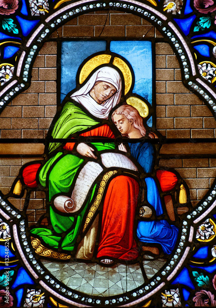 Fototapeta premium Stained glass (19th century) of Virgin Mary with her mother St. Anne.