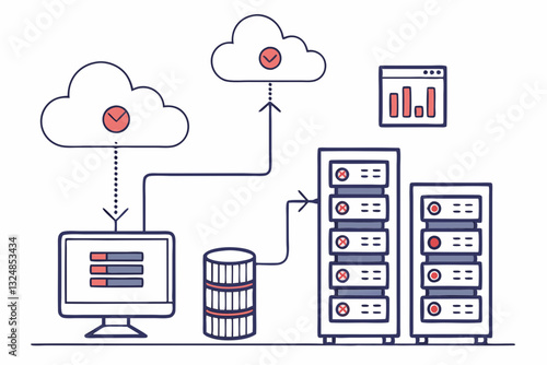 Flat vector illustration representing cloud computing with servers, data storage, and network connections. Clean and simple design, perfect for tech-related 
visuals.