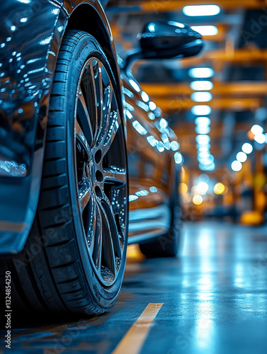 Car wheel close-up in a modern automotive workshop