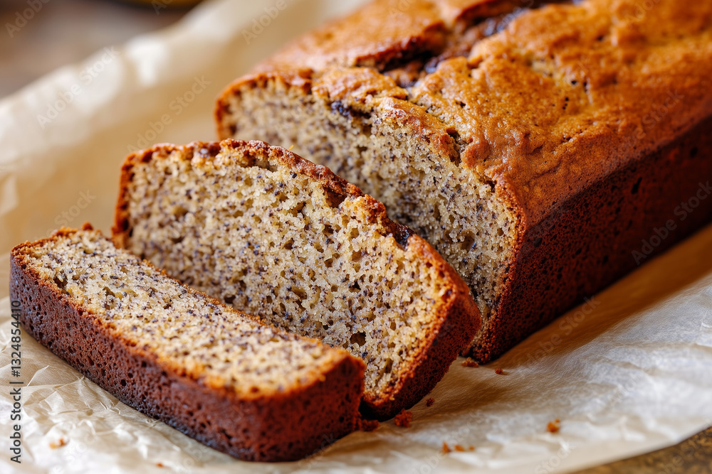Freshly baked delicious sliced banana bread with brown crispy crust close up on baking paper. Pastry concept background. Freshly baked delicious sliced banana bread with brown crispy crust close up on baking paper. Pastry concept background.
