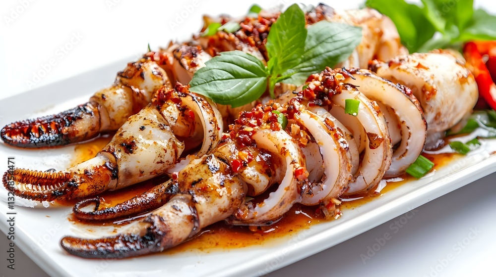 Fresh grilled squid with spicy on plate on white Fresh grilled squid with spicy on plate on white