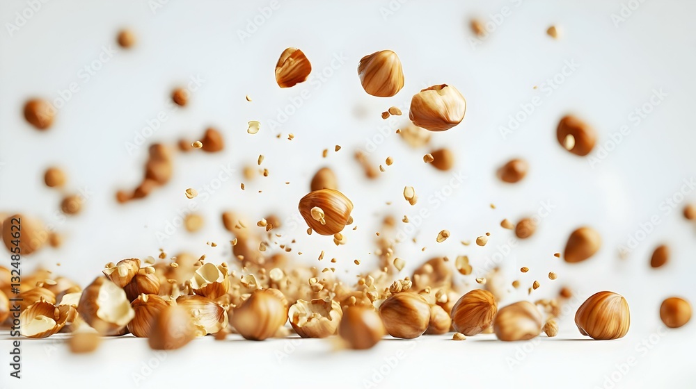 Obraz premium Falling hazelnuts on white background