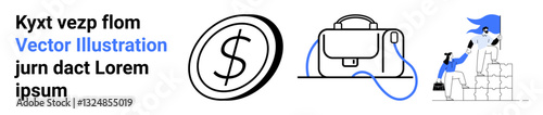 Currency symbol, handbag with shoulder strap, worker on a ladder placing items. Ideal for finance, e-commerce, retail, business presentations, marketing materials, startup pitches, digital content