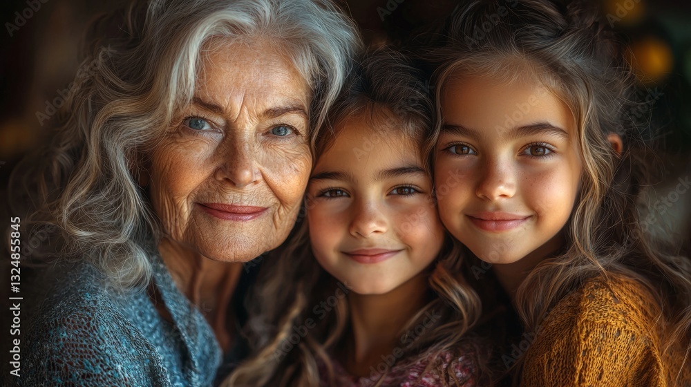 Obraz premium A grandmother, mother, and daughter sharing a hug, symbolizing multi-generational love and strength