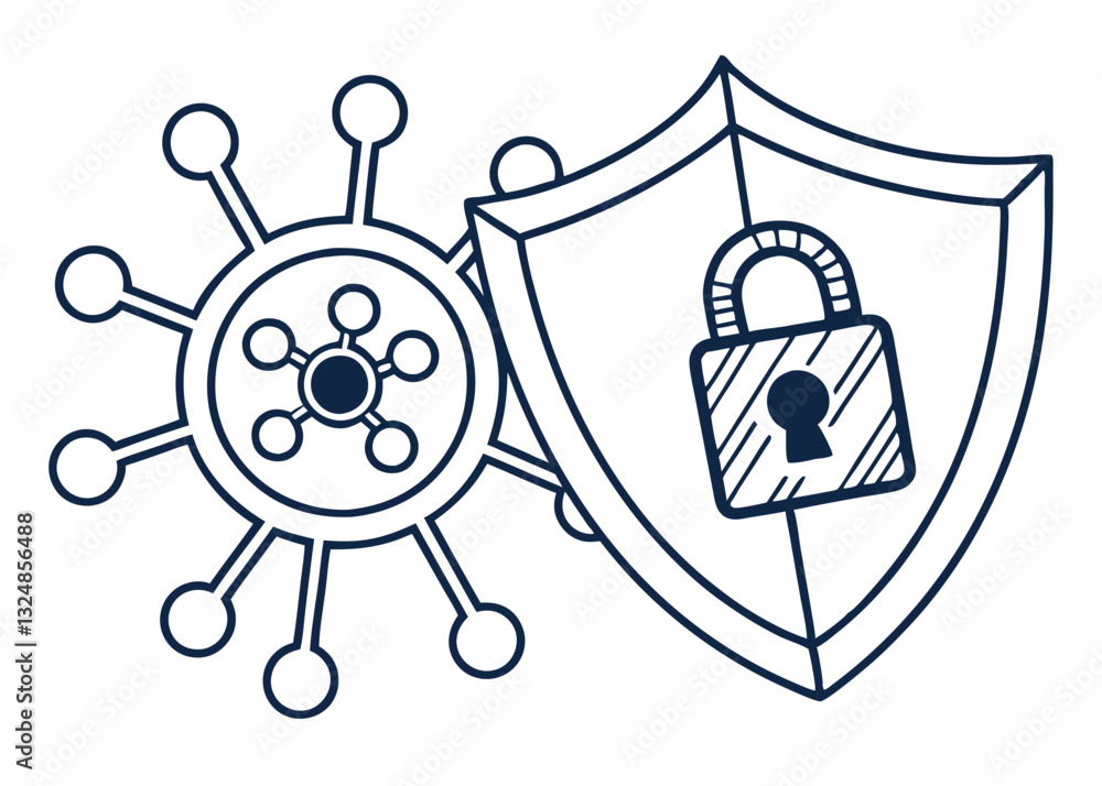 Fototapeta premium Vector illustration of a shield with a lock, symbolizing cybersecurity and data protection. Clean, modern, and minimalistic design for use.