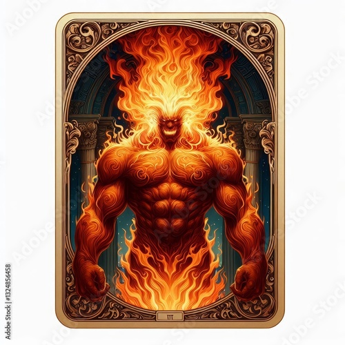 Inferno Embodied: A Fiery Giant Emerging from Mystical Card Frame