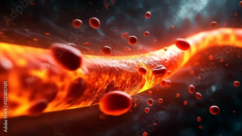 Microscopic View of Blood Cells in Artery, Medical Diagnostics, Blood Tests, and Health Analysis