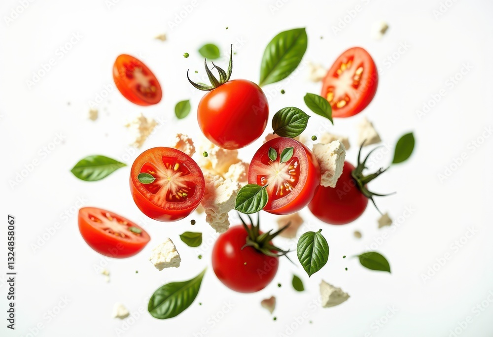 Fototapeta premium floating ingredients displayed minimalist background eye catching culinary visuals, food, vegetable, fruit, spice, herb, aqua, freshness, essence, color