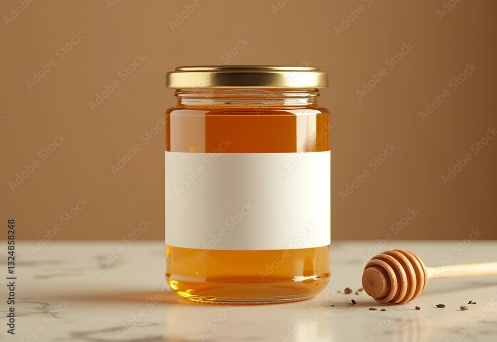 A transparent glass jar of honey with a blank label, great for branding, customization, adding text or graphics A transparent glass jar of honey with a blank label, great for branding, customization, adding text or graphics