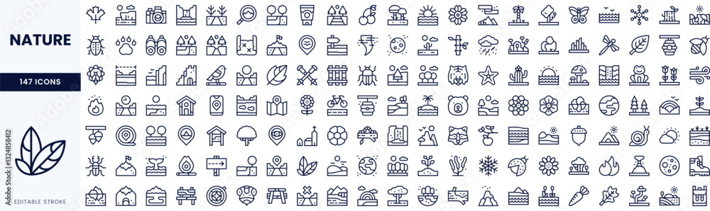 A diverse collection of nature-themed icons in a minimalist outline style, perfect for environmental projects and designs. A diverse collection of nature-themed icons in a minimalist outline style, perfect for environmental projects and designs.