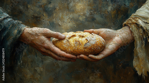 An illustration of, Jesus hands giving bread to poor man, biblical story to feed hungry, charity․