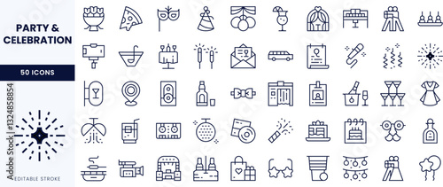 A collection of line art icons representing various party and celebration themes, including drinks, festivities, and entertainment elements.
