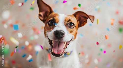 A happy dog with confetti celebrating a special occasion