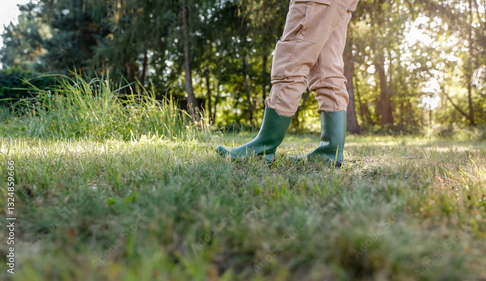 Gardener wearing beige pants and green rubber boots on lush grass surrounded by trees. Gardener wearing beige pants and green rubber boots on lush grass surrounded by trees.