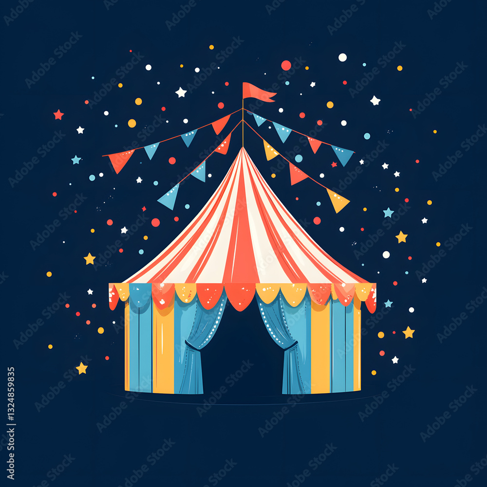Retro-style circus tent with a flag under the night sky. Traditional fairground attraction concept for design and print. Retro-style circus tent with a flag under the night sky. Traditional fairground attraction concept for design and print.