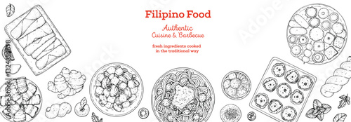 Filipino food top view vector illustration. Food menu design template. Hand drawn sketch. Filipino food menu. Vintage style.
