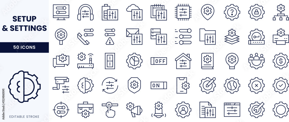 A collection of monochromatic line icons representing various setup and settings features such as gear symbols, notifications, and controls. A collection of monochromatic line icons representing various setup and settings features such as gear symbols, notifications, and controls.