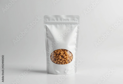 Peanuts in Shiny Silver Stand-up Pouch Mockup with Clear Window