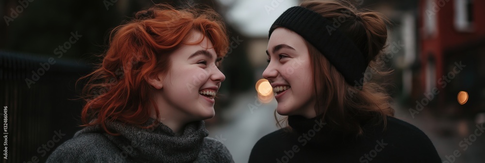 This heartwarming image captures two friends laughing and smiling at each other in a charming outdoor setting, exemplifying the joy of friendship and connection. This heartwarming image captures two friends laughing and smiling at each other in a charming outdoor setting, exemplifying the joy of friendship and connection.