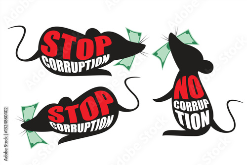 Anti-corruption campaign. Vector illustration about stop corruption. Illustration of black rat biting money