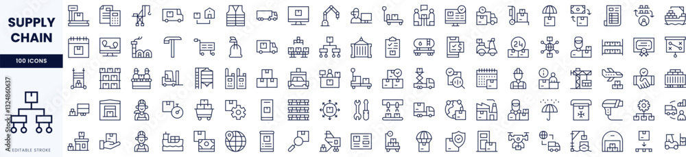 A comprehensive collection of supply chain icons showcasing various elements like logistics, transportation, and inventory management. A comprehensive collection of supply chain icons showcasing various elements like logistics, transportation, and inventory management.