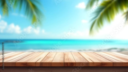 empty wooden table against the blurred ocean beach background. 4k Video. generated with AI