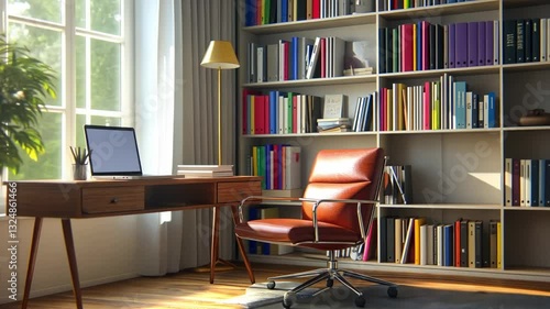 Wallpaper Mural Serene Home Office: Modern Workspace with Bookshelves and Sunlight Torontodigital.ca