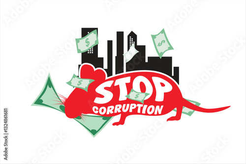 Anti-corruption campaign. Vector illustration about stop corruption. Illustration of black rat biting money