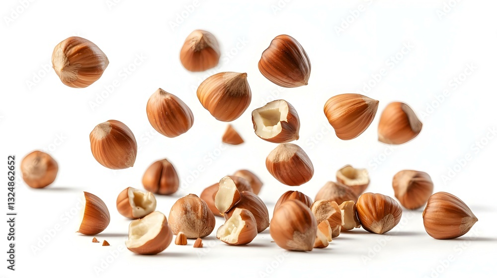 Falling hazelnuts whole and pieces on a white Falling hazelnuts whole and pieces on a white