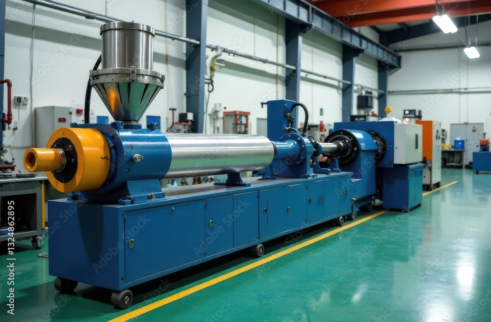 A twin screw compounder with extruder and hopper for bulk materials for mixing thermoplastic elasomers and plastics on a background of production A twin screw compounder with extruder and hopper for bulk materials for mixing thermoplastic elasomers and plastics on a background of production