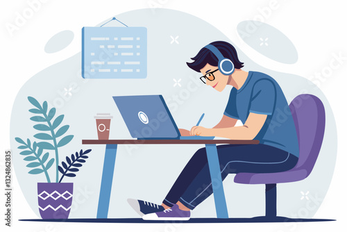 Flat vector illustration of a young male developer sitting at a desk with a laptop, writing code on the screen. He wears casual clothes, glasses, and headphones. Blue and purple tones, minimalistic an
