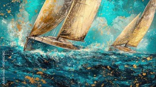 Two golden sailboats navigate turbulent seas and choppy ocean water