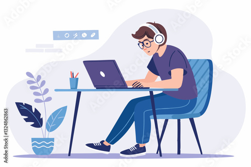 Flat vector illustration of a young male developer sitting at a desk with a laptop, writing code on the screen. He wears casual clothes, glasses, and headphones. Blue and purple tones, minimalistic an