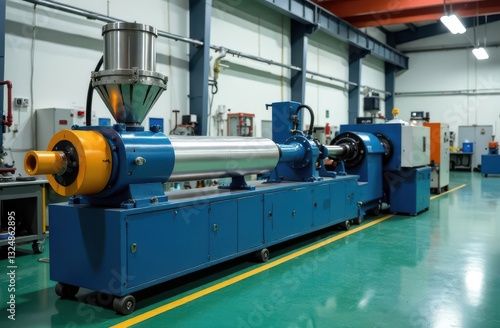 A twin screw compounder with extruder and hopper for bulk materials for mixing thermoplastic elasomers and plastics on a background of production