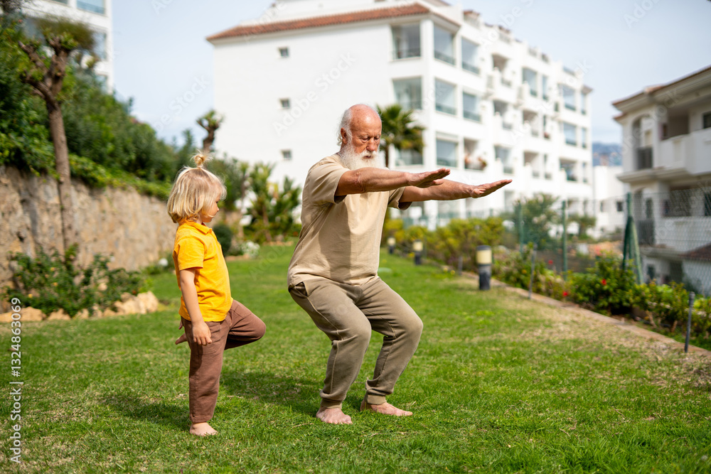 Obraz premium Grandfather and grandson practicing squats together outdoors