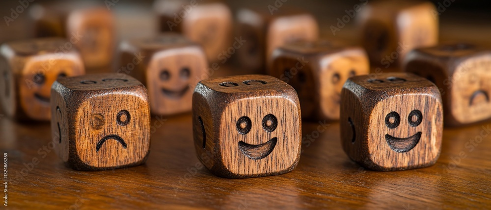 Wooden cubes with carved happy and sad faces represent emotional states Wooden cubes with carved happy and sad faces represent emotional states