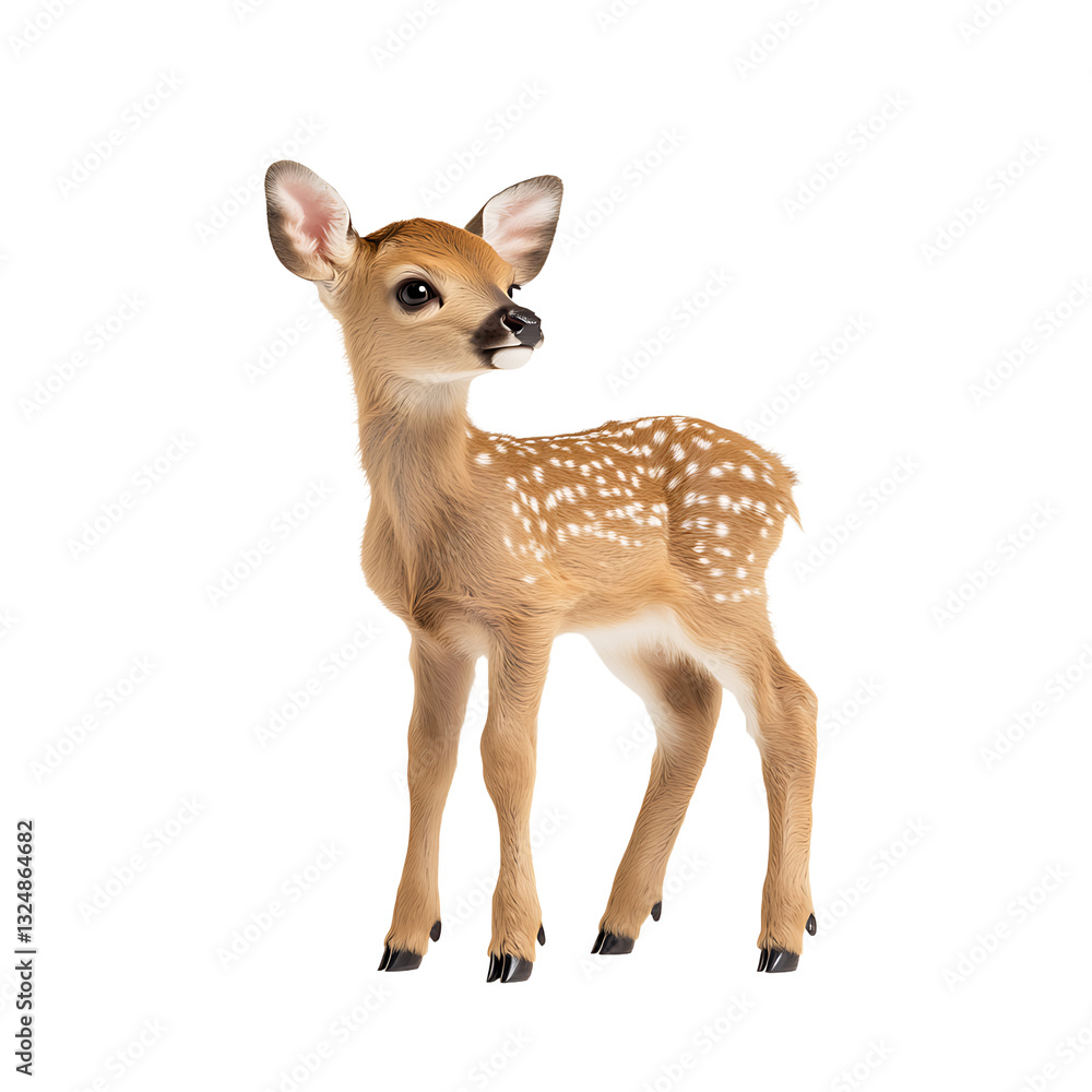 Fototapeta premium Adorable fawn with a curious gaze. Its speckled coat contrasts with its dark eyes. Small ears perk up, listening for sounds. A sweet image of young wildlife.