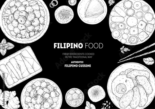 Filipino food top view vector illustration. Food menu design template. Hand drawn sketch. Filipino food menu. Vintage style.