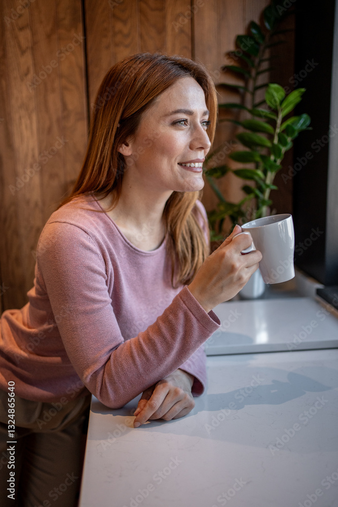 Smiling woman drinking coffee and looking out the window in a modern kitchen Smiling woman drinking coffee and looking out the window in a modern kitchen