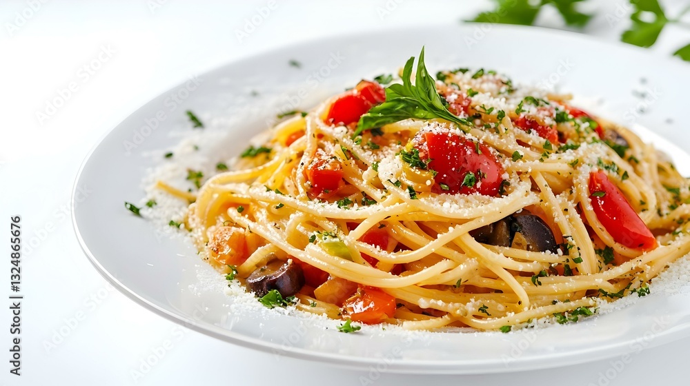 Delicious pasta with vegetables on white plate Delicious pasta with vegetables on white plate