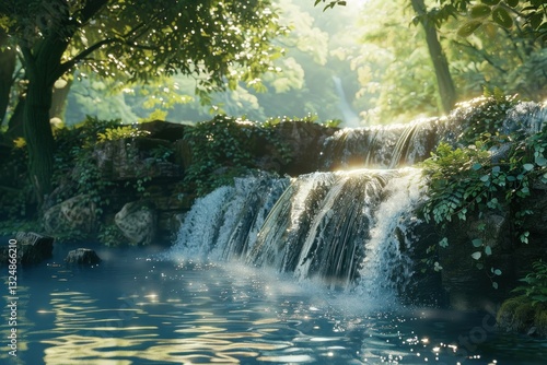 Enchanting Waterfall in Lush Forest with Sunlight Filtering Through Trees