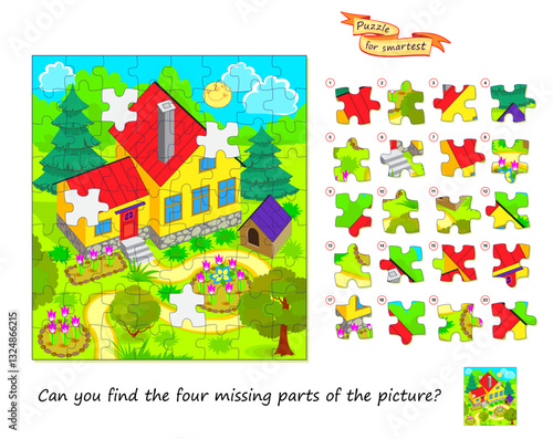 Can you find the four missing parts of the picture? Logic puzzle game for children and adults. Page for kids brain teaser book. Developing spatial thinking. Flat vector illustration.