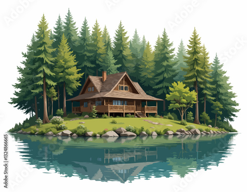 Wooden House Forest Near Lake Natural Stock Vector Isolated on white background