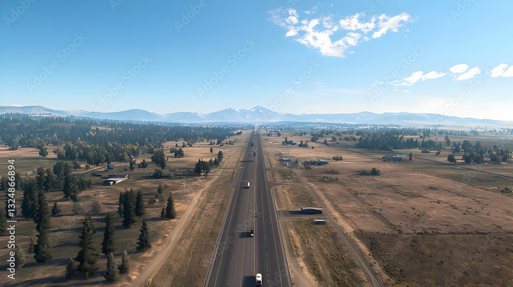 Aerial View Of A Long Highway Stretching Through A Rural Landscape Under A Clear Blue Sky With Cars Traveling Aerial View Of A Long Highway Stretching Through A Rural Landscape Under A Clear Blue Sky With Cars Traveling