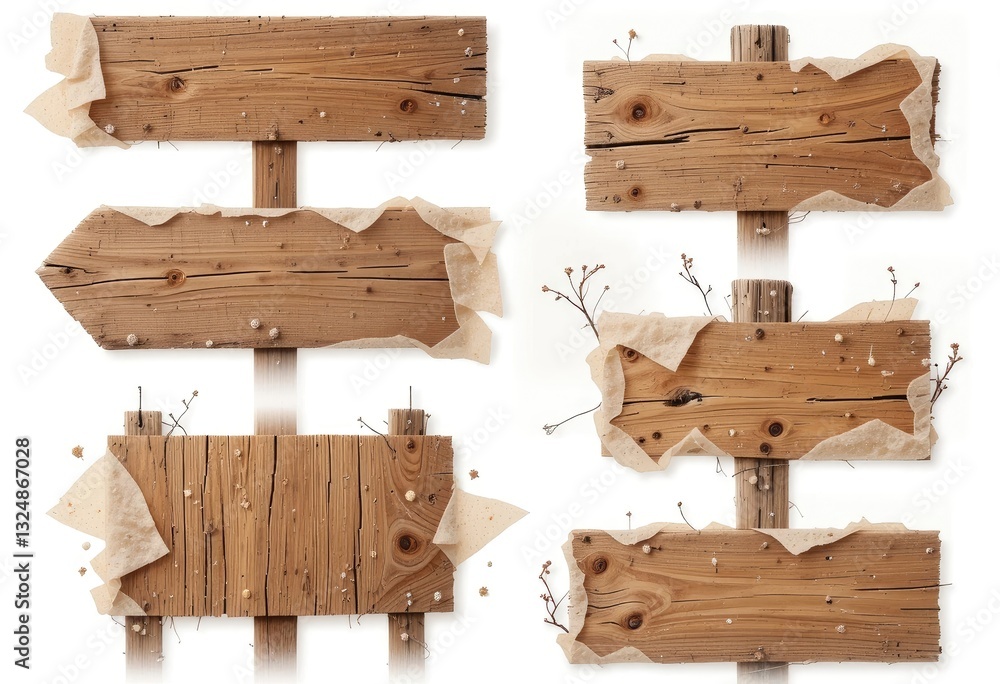 Naklejka premium Rustic Wooden Sign Collection with Natural Paper Accent on White Background