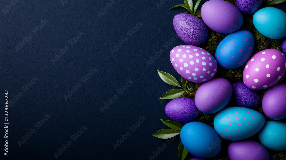 A bunch of purple and blue easter eggs on a dark blue background A bunch of purple and blue easter eggs on a dark blue background