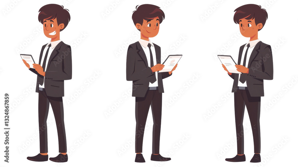 Businessman using tablet with transparent background: three poses for animation Businessman using tablet with transparent background: three poses for animation