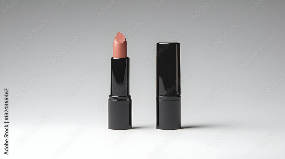 Elegant Lipstick With Black Packaging And Nude Lipstick Color On White Background Elegant Lipstick With Black Packaging And Nude Lipstick Color On White Background