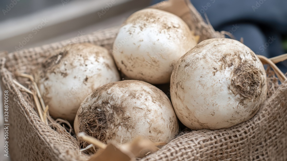 Freshly harvested mushrooms, still flecked with earth, sit nestled in a rustic basket, promising flavors of the forest. Freshly harvested mushrooms, still flecked with earth, sit nestled in a rustic basket, promising flavors of the forest.