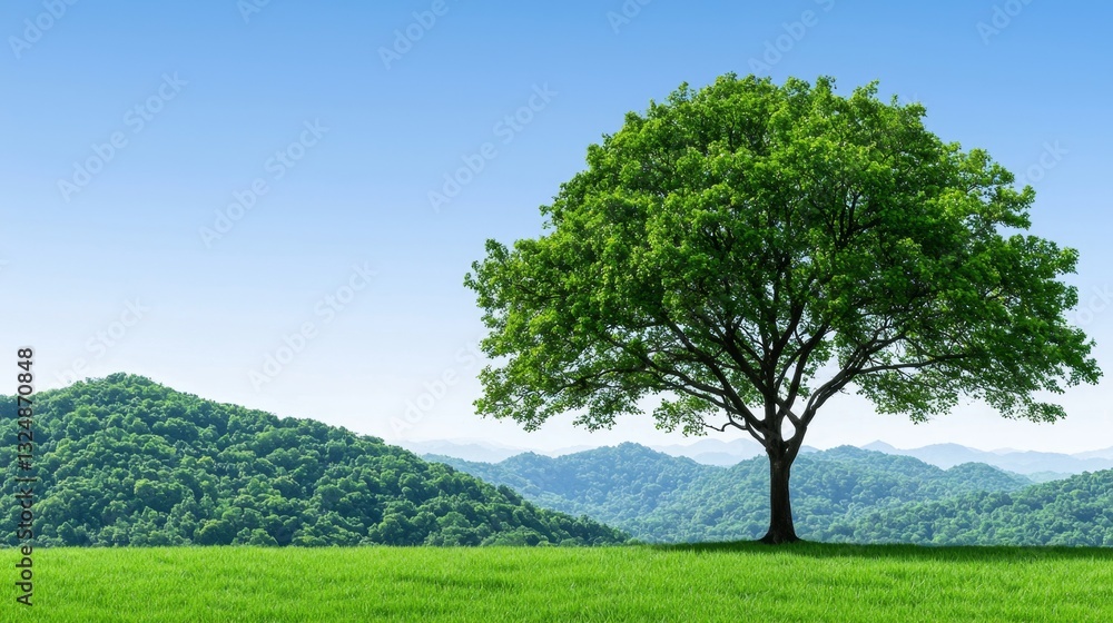 A lone tree in the middle of a grassy field with mountains in the background A lone tree in the middle of a grassy field with mountains in the background